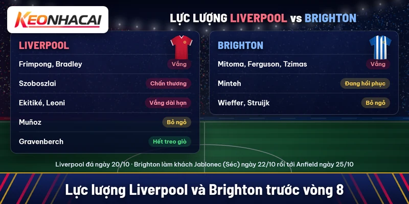 Soi kèo Liverpool vs Brighton 25/10: chủ nhà khó lấy trọn ba điểm 3 Liverpool vắng Frimpong, Bradley, Szoboszlai, Ekitiké, Leoni, bỏ ngỏ Muñoz, Gravenberch hết treo giò; Brighton vắng Mitoma, Ferguson, Tzimas, Minteh đang hồi phục, bỏ ngỏ Wieffer, Struijk